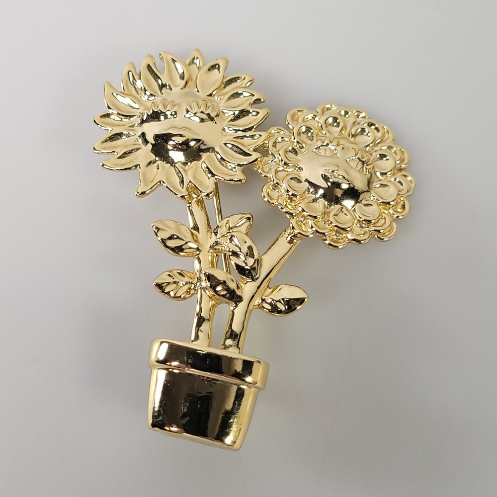 AJC Gold Tone Flowers in Pot Brooch Vintage Sunflower Potted Plant Pin